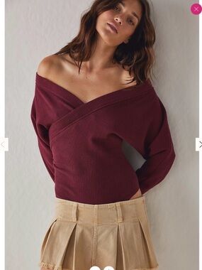 Free People Burgundy Ribbed Wrap Off Shoulder Bodysuit